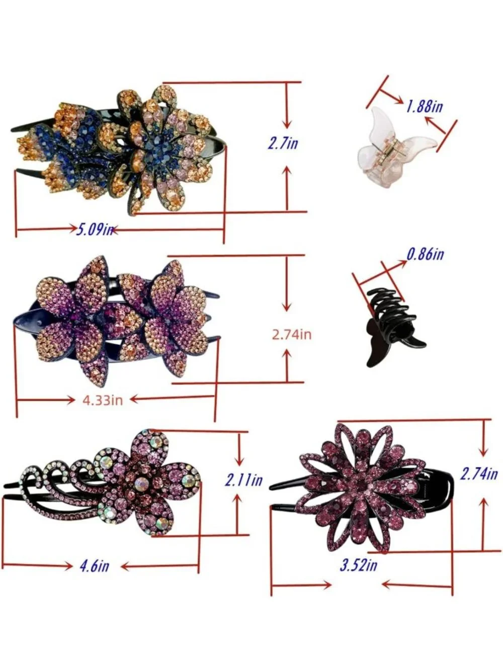 6 Pcs Floral Rhinestone Hair Clips - Elegant Double Flower Crystal Accessories